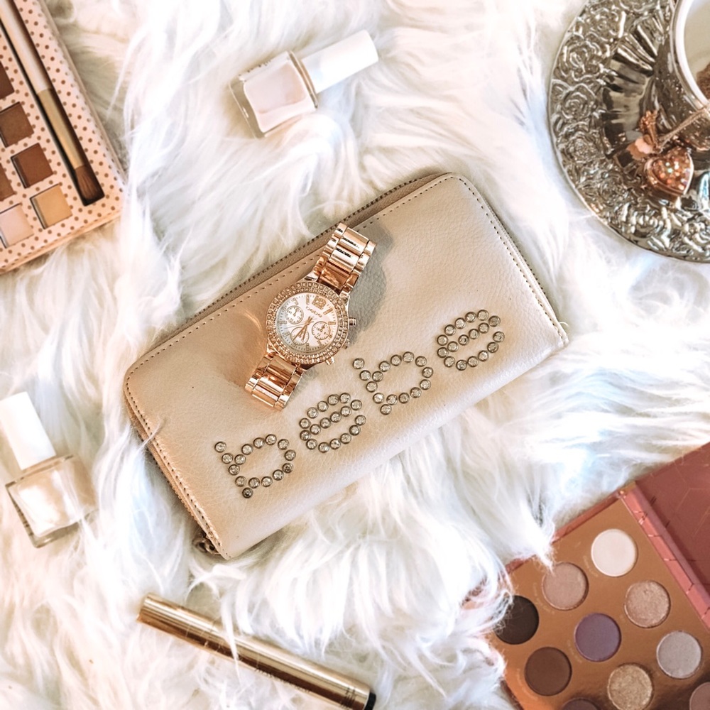 Bebe Rosegold watch and pink Wallet
